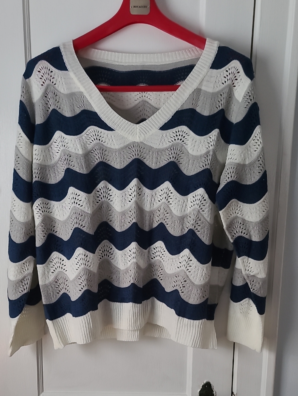 SHEIN Navy, White & Gray Striped V-Neck Open-Knit Sweater